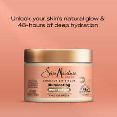 SheaMoisture Illuminating Body Butter with Coconut & Hibiscus, Niacinamide and Pro-Ceramides, Renewing Skin’s Natural Glow, 48H Moisturizing 11.5 oz