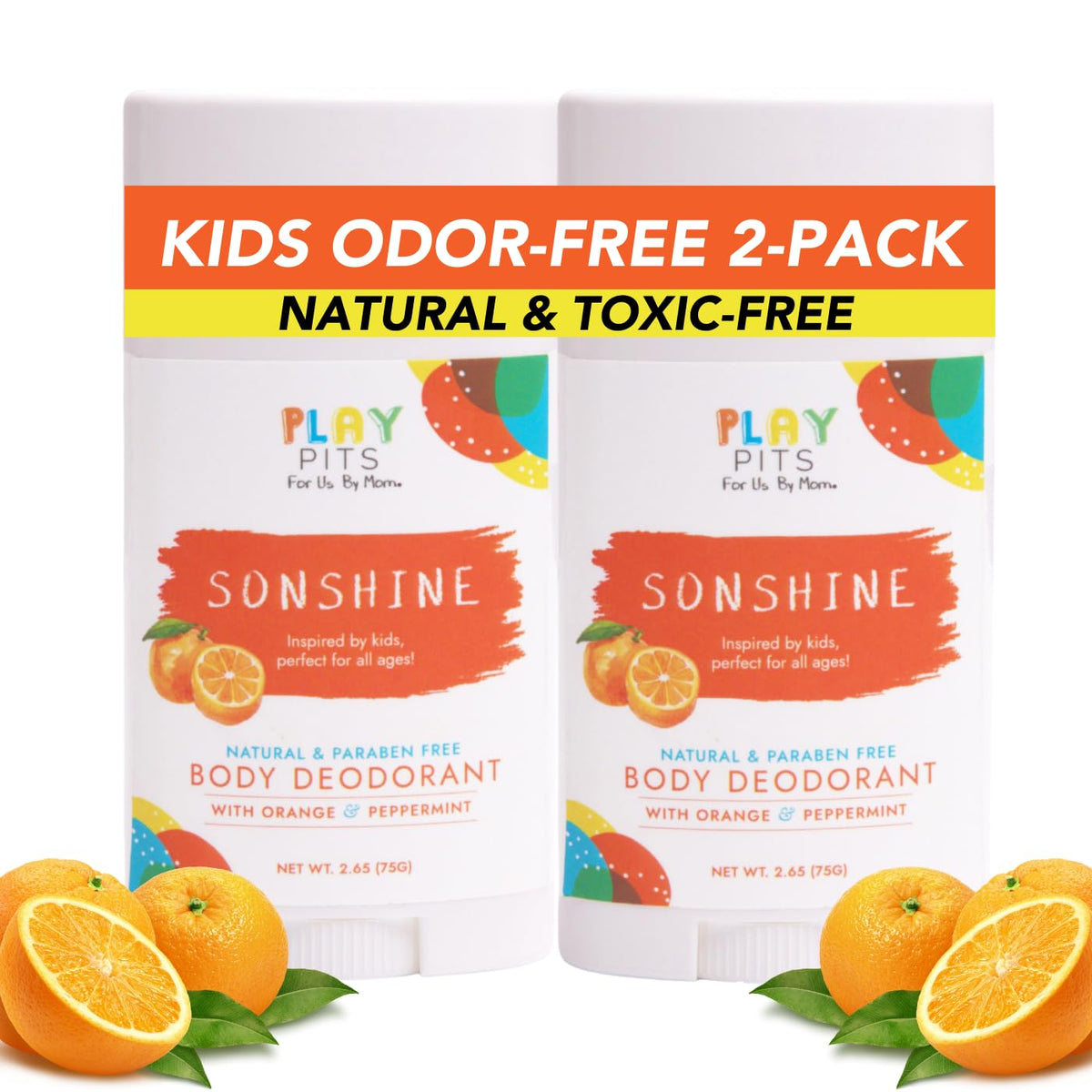 PLAY PITS - Kids Deodorant for Girls & Boys - Natural - Aluminum-Salt Free - Safe for Sensitive Skin – SONSHINE is Infused w/Orange & Peppermint Oils - Non-Toxic & Paraben Free - 2.65oz - 2pk