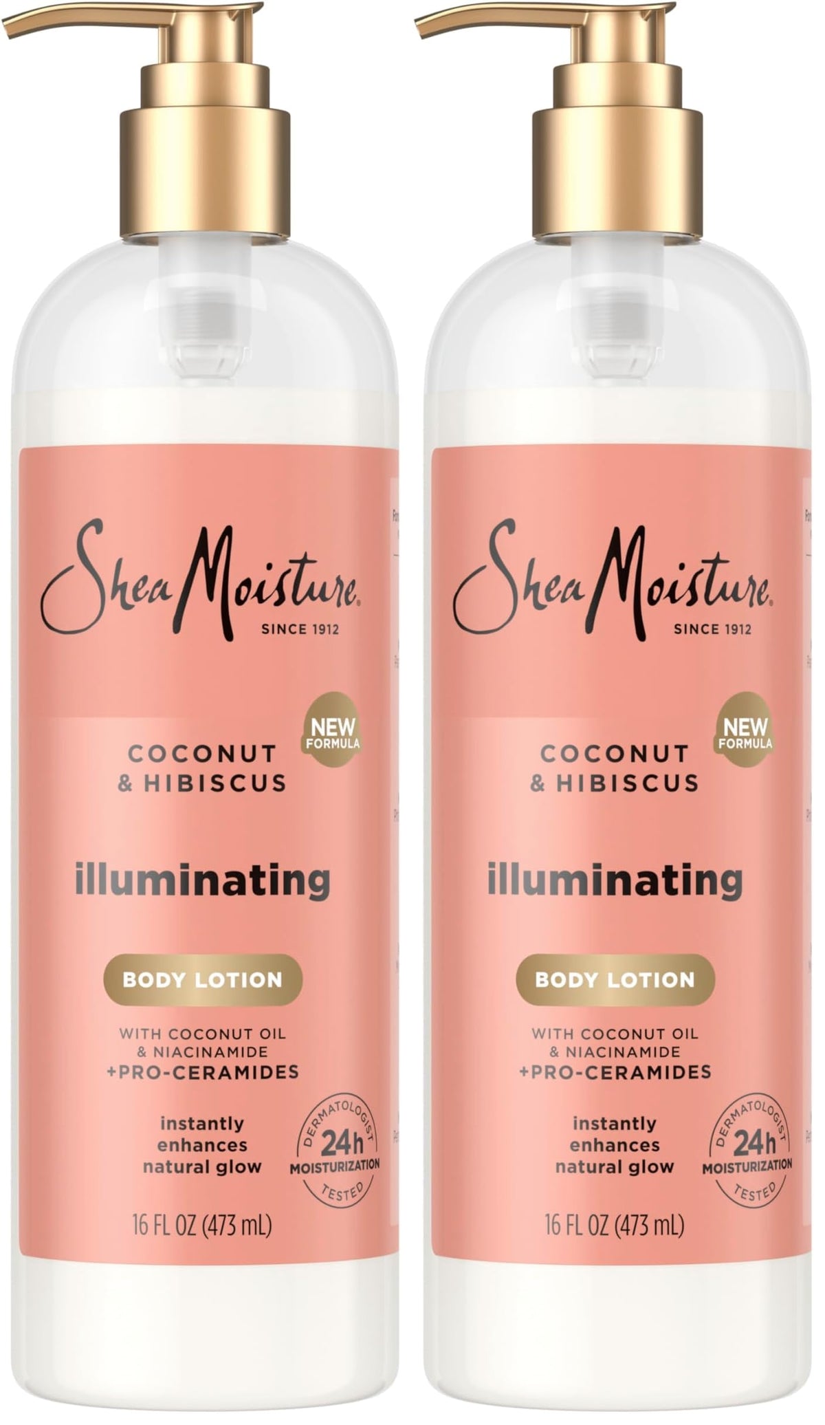 SheaMoisture Illuminating Body Lotion with Coconut Oil, Hibiscus, Niacinamide and Pro-Ceramides, Instantly Enhancing Skin's Natural Glow, 24H Moisturizing 16 oz, (Pack of 2)