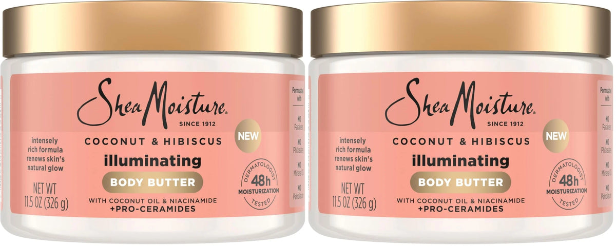 SheaMoisture Illuminating Body Butter with Coconut & Hibiscus, Niacinamide and Pro-Ceramides, Renewing Skin’s Natural Glow, 48H Moisturizing 11.5 oz,(Pack of 2)