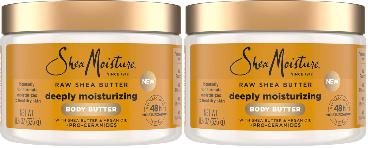 SheaMoisture Deeply Moisturizing Body Butter with Raw Shea Butter, Argan Oil and Pro-Ceramides, Rich Hydration & Healing of Dry Skin, 48H Moisturizing 11.5 oz, (Pack of 2)